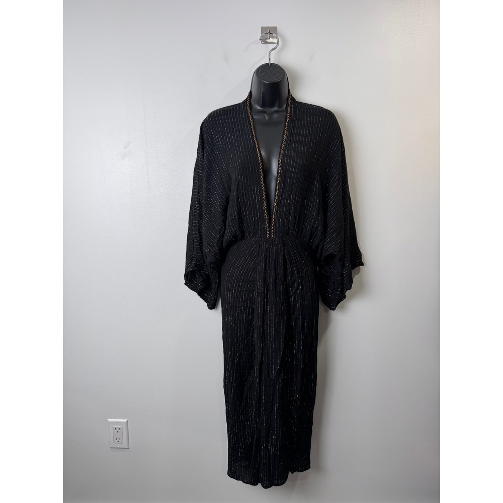 La Troupe Women Black Gold Metallic Pinstripe Midi Dress Beachy Vacation Size 2